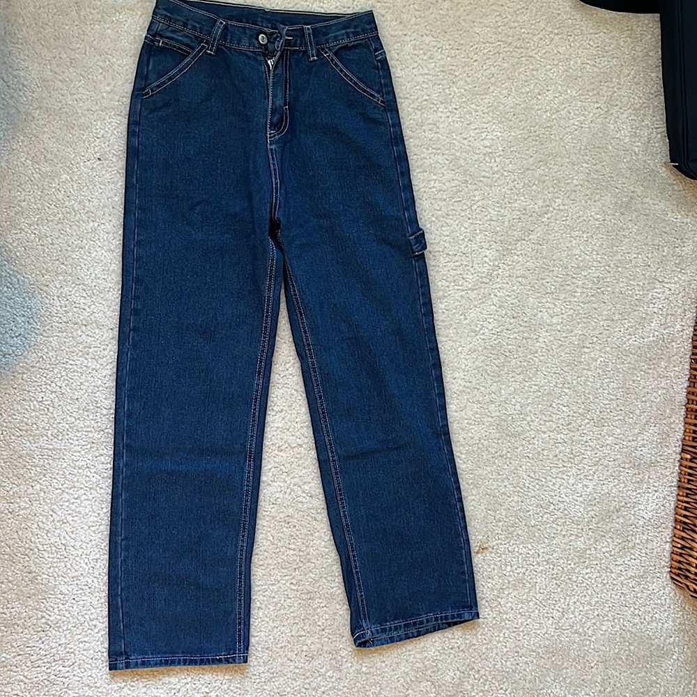 Contrast stitching carpenter straight leg jeans